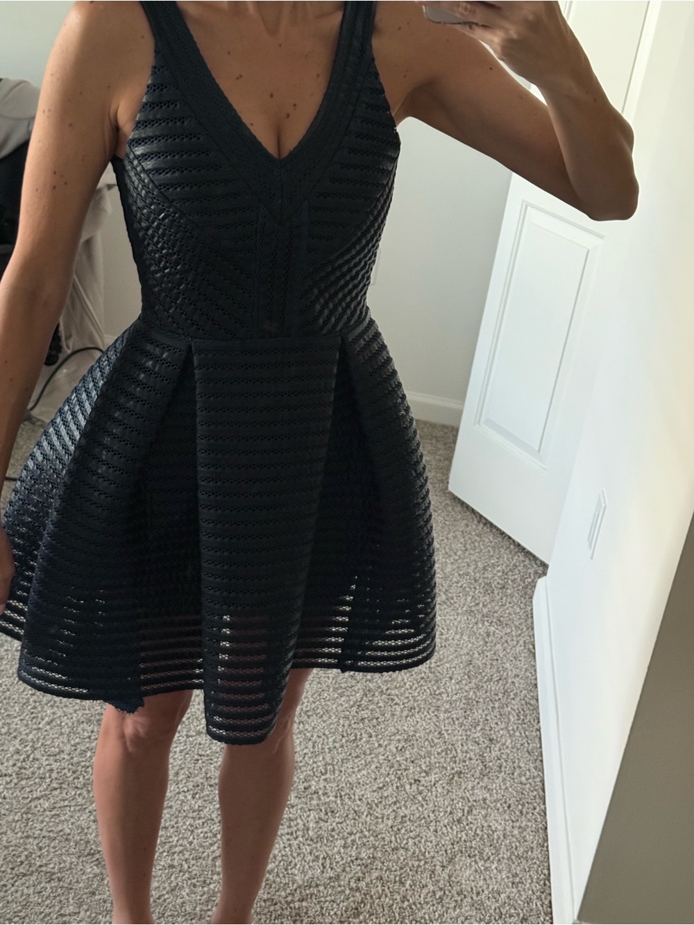 Maje Navy  Lace-Striped Fit & Flare Dress